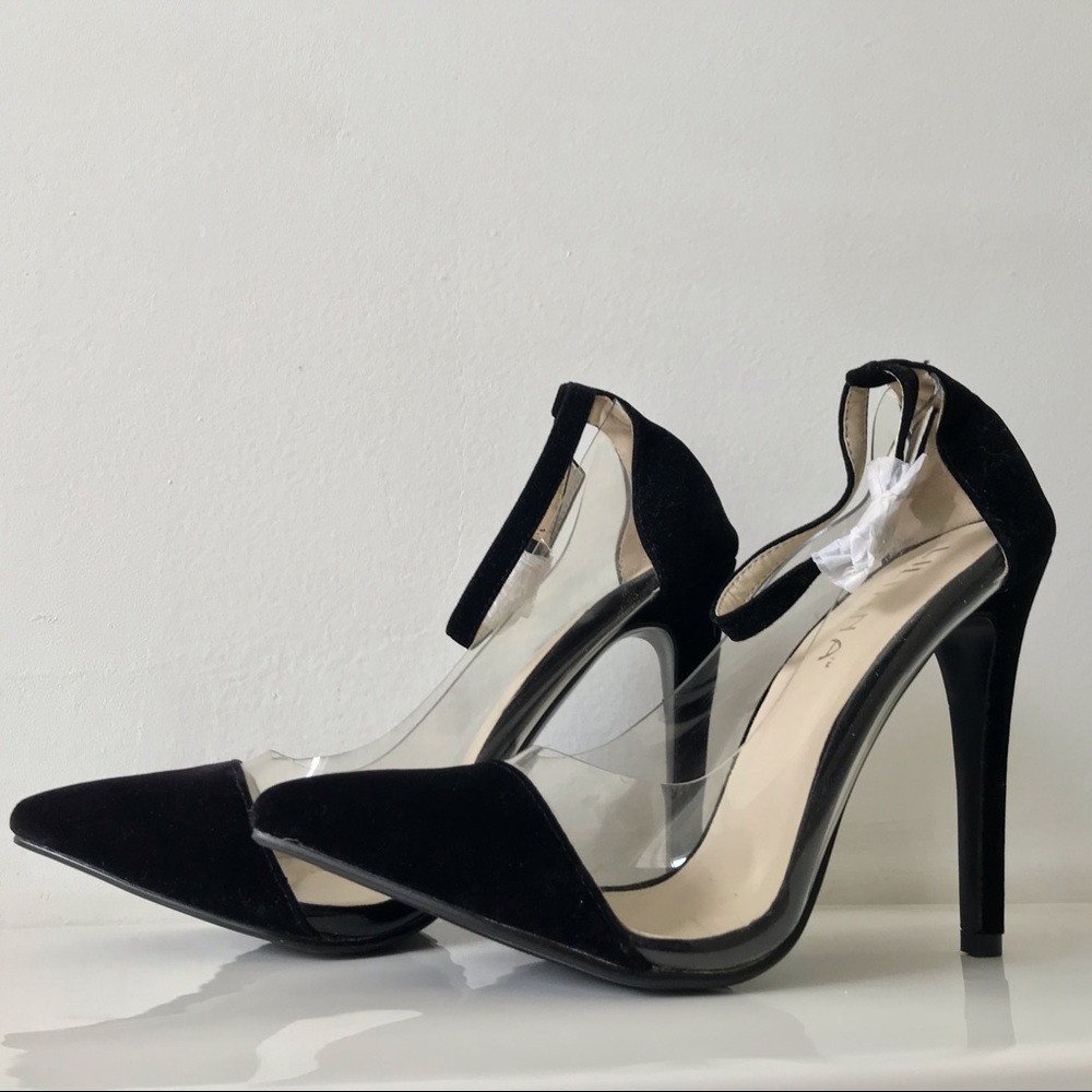 Black Pointed Toe Lilliana Transparent Heels with Narrow Buckle Strap
